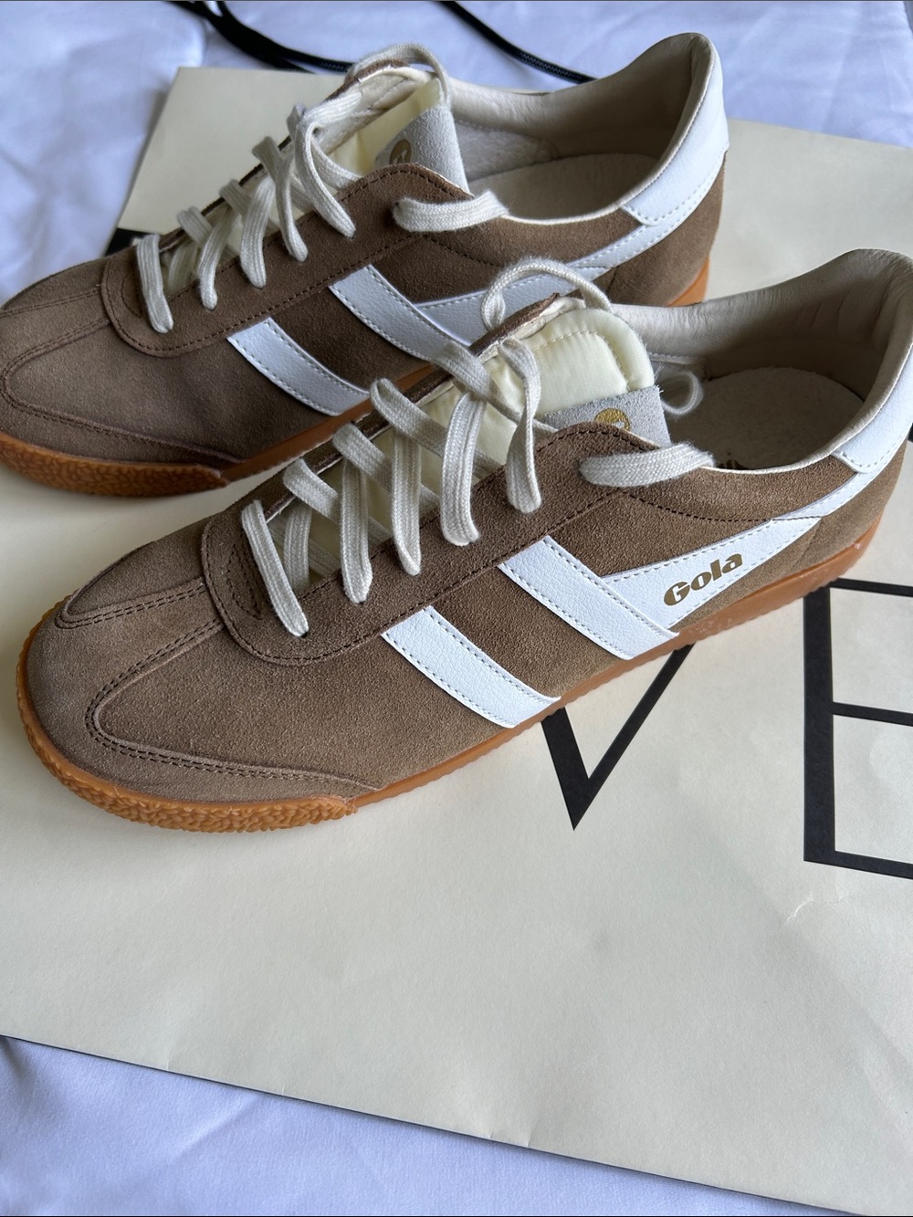 Gola Women’s Suede Sneakers in Taupe with White Stripes and Gum Sole